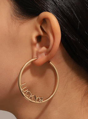 欧美ins流行饰品夸张个性字母LUCKY合金耳环女几何圆形耳钉耳饰