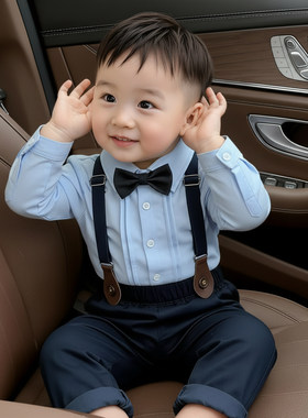 一周岁男宝宝礼服春装婴幼儿抓周生日宴小西装英伦帅气背带裤套装