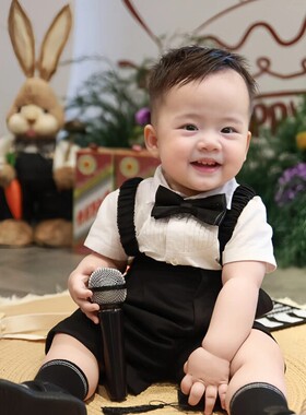 男宝宝周岁礼服夏季短袖背带裤套装婴儿生日抓周宴衣服男童小西装