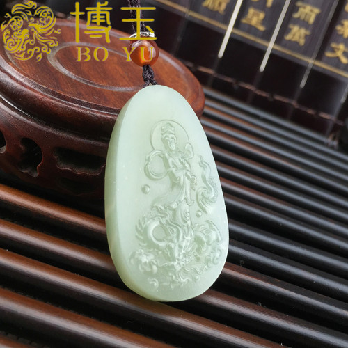 和田玉骑龙观音玉坠 青玉站龙观音挂件 龙头观音吊坠霸气 送证书