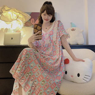 Kiai 200斤胖MM高级感夏季加大码睡衣女睡裙短袖中长裙加肥家居服
