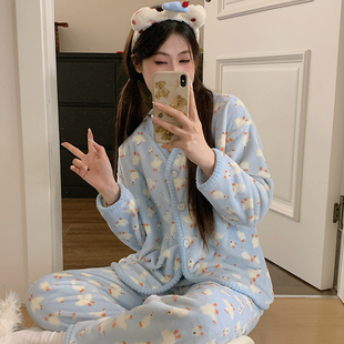 Kiai 200斤胖MM高级感加肥冬大码法兰绒睡衣女保暖家居服可外穿