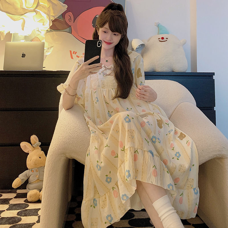 Kiai 250斤胖MM夏季睡衣女云朵棉睡裙可爱甜美卡通短袖中长裙家居