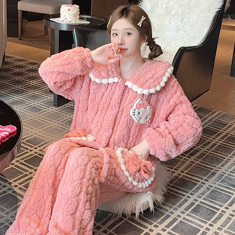 Kiai 250斤胖MM新款秋冬季长毛绒娃娃领可爱睡衣加绒加厚大码套装