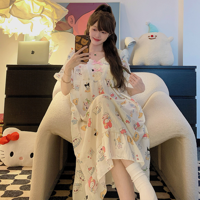 Kiai 250斤胖MM夏季睡衣女云朵棉睡裙可爱甜美卡通短袖中长裙家居