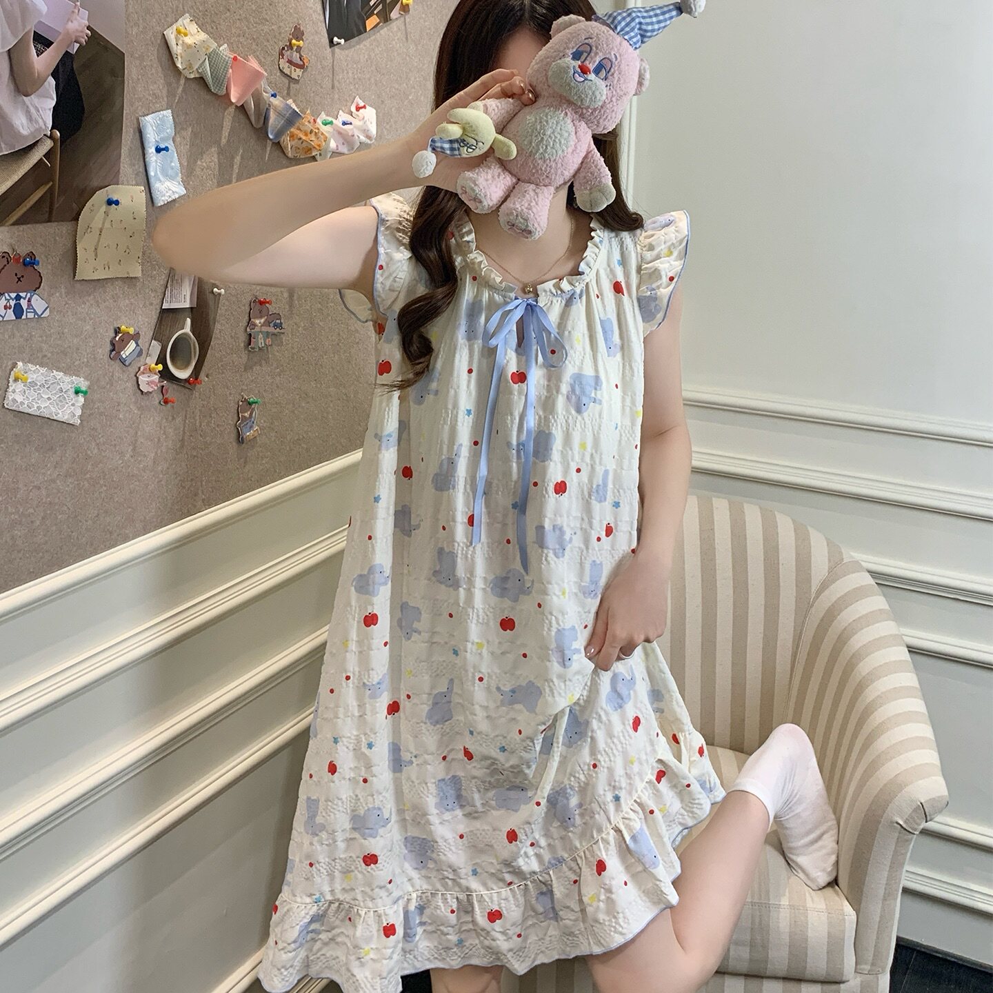 Kiai 可外穿带胸垫女睡裙夏季泡泡棉小飞袖韩系软妹中长裙家居服