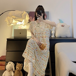 Kiai 200斤胖MM高级感夏季加大码睡衣女睡裙短袖中长裙加肥家居服