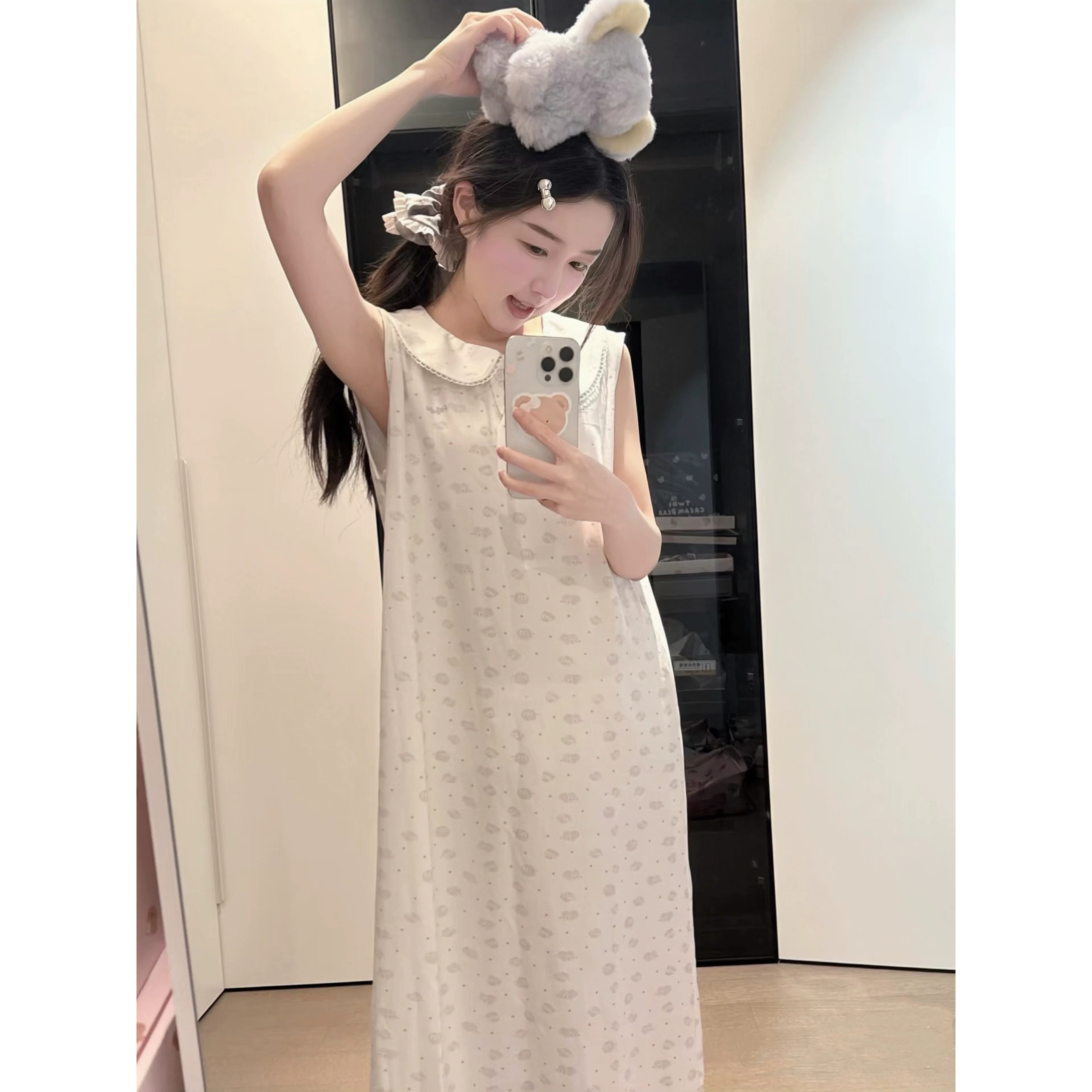 Kiai带胸垫睡裙女夏千金风甜美娃娃领无袖背心中长款连衣裙可出门图片