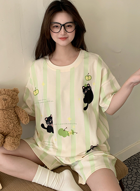Kiai 可外穿女士睡衣夏季纯棉短袖短裤两件套休闲家居服全棉套装