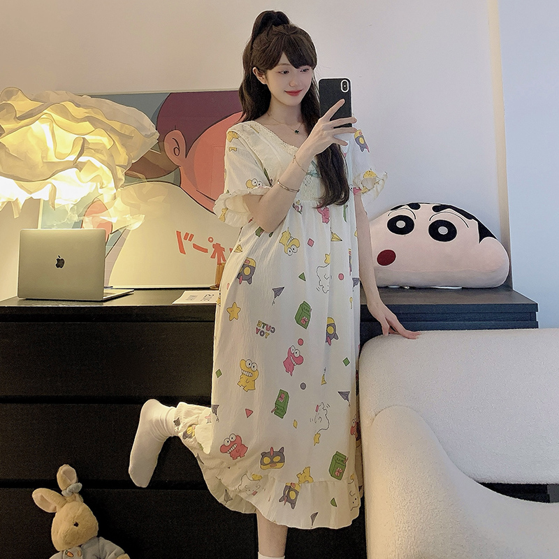 Kiai 250斤胖MM夏季睡衣女云朵棉睡裙可爱甜美卡通短袖中长裙家居