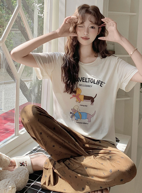 Kiai 可外穿莱赛尔带胸垫女士睡衣春秋季短袖长裤两件套装家居服