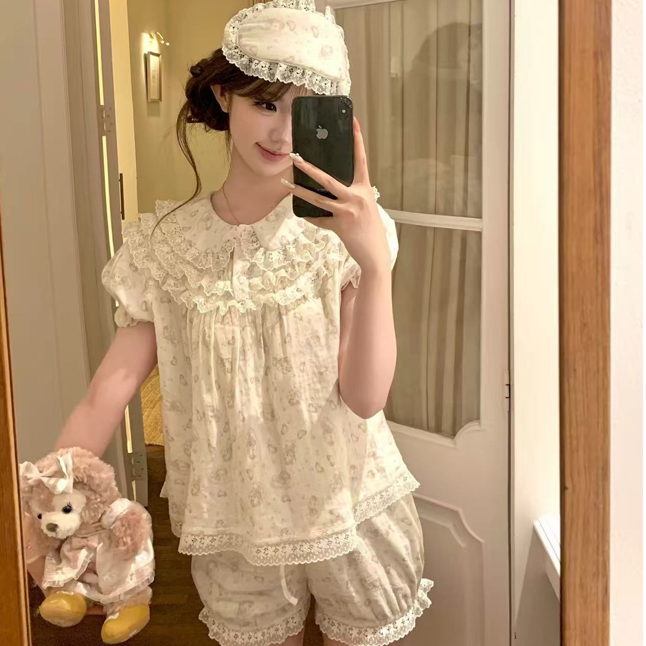 Kiai 可外穿睡衣女夏仿棉ins公主风娃娃领蕾丝短袖套装减龄家居服