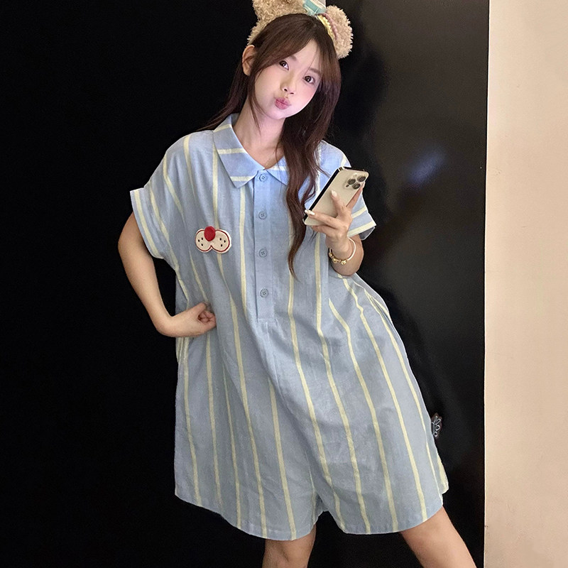 Kiai 可外穿睡衣女夏蓝色条纹连体短袖云朵棉显瘦小众可爱家居服