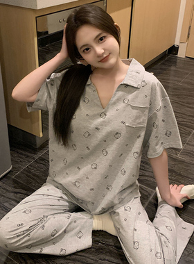 带胸垫纯棉女士睡衣春夏季全棉V领短袖长裤两件套装家居服可外穿