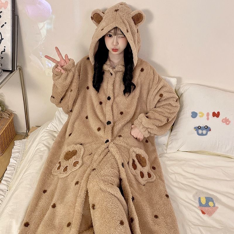 Kiai 可外穿新款可爱小爪子睡衣女秋冬款加绒加厚中长款睡袍套装