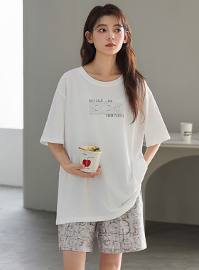 Kiai 可外穿2026夏季睡衣女士纯棉圆领套头短袖短裤套装家居服