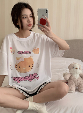 Kiai 可外穿韩版夏季可爱猫咪小熊睡衣女士舒适花边碎花短袖短裤