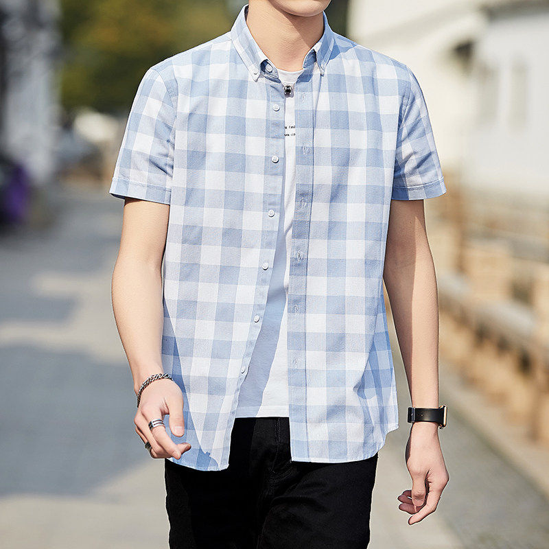 格子衬衫男短袖2026夏季潮牌流韩版修身纯棉休闲百搭寸衫男士衬衣