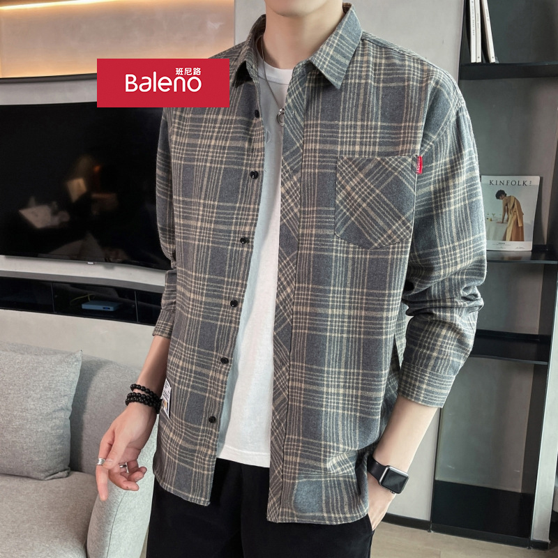 班尼路格子衬衫宽松长袖潮流外套
