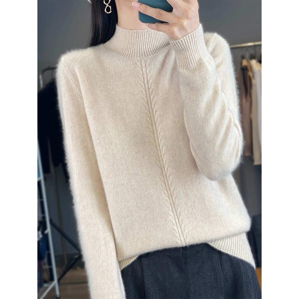 静奢风高领羊毛衫女套头针织衫保暖打底衫长袖毛衣原绒米麻花纹