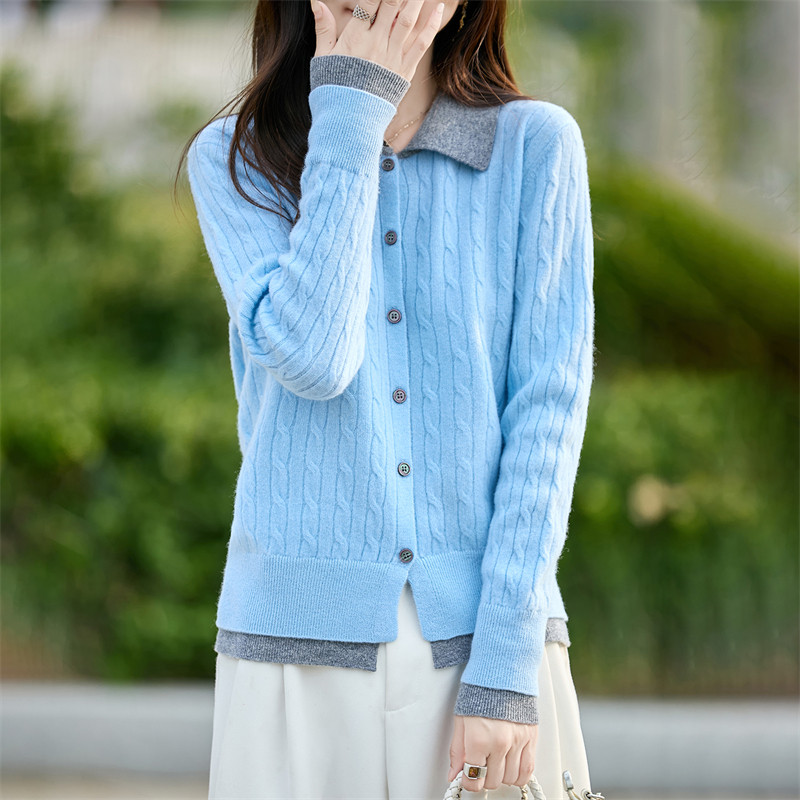 秋冬百搭女款翻领羊毛衫高级感时尚简约针织衫拼接开衫宽松假两件