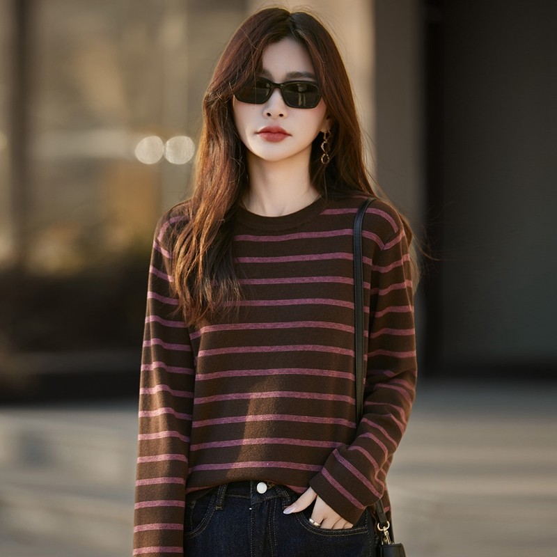 春秋长袖休闲慵懒风条纹针织衫女圆领套头毛衣百搭显瘦气质上衣