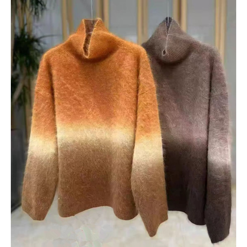 高品质羊绒拉毛新款高领渐变色羊毛衫女套头慵懒风保暖毛衣拉绒