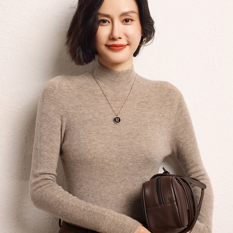 秋季半高百搭通勤休闲精纺山羊绒衫打底毛衣女内搭打底衫针织长袖