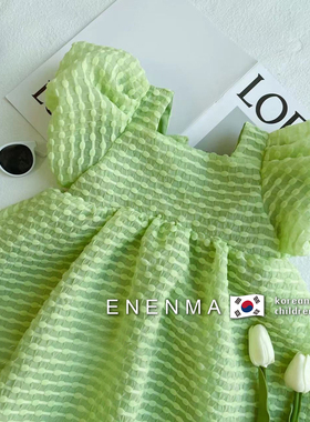 韩国童装2022女童夏季款洋气立体条纹连衣裙儿童时尚泡泡袖公主裙