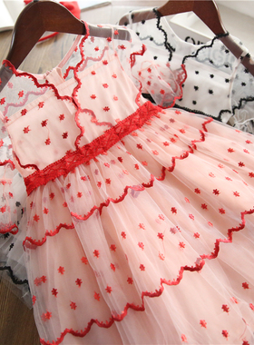 仙~女童甜美刺绣网纱公主裙 儿童宝宝洋气花边袖蓬蓬连衣裙夏新款