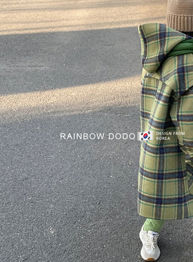 韩国童装2022冬季女童牛角扣中长款毛呢夹棉加厚大衣儿童连帽外套