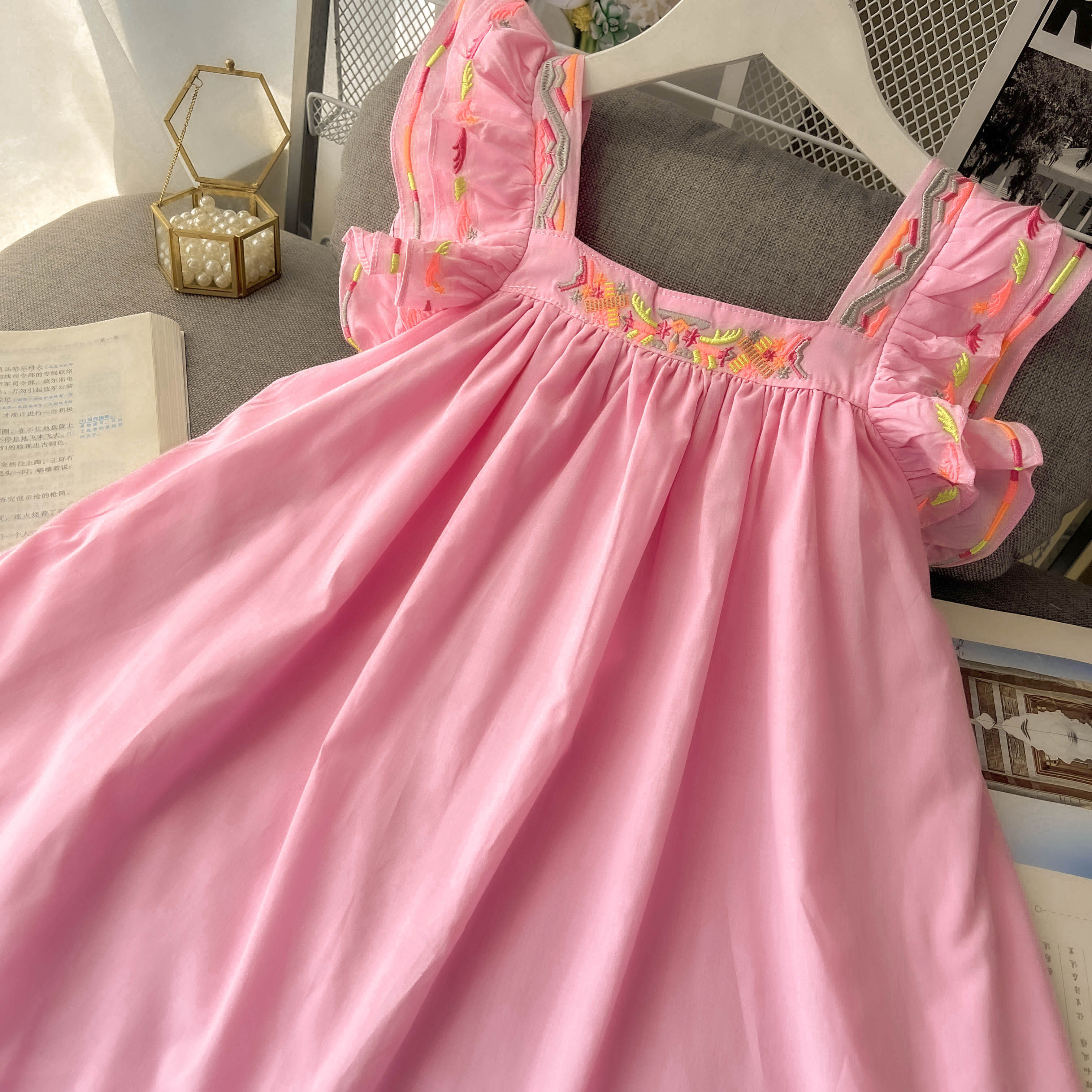 韩国童装夏季新款女童洋气短袖连衣裙儿童纯棉粉色裙子宝宝公主裙