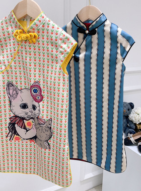 女童连衣裙2021夏新款儿童猫咪印花仿真丝裙子宝宝复古旗袍礼服裙