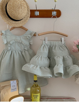 女宝宝夏款女童蛋糕裙子套装2023女童蝴蝶结公主裙重工礼服连衣裙