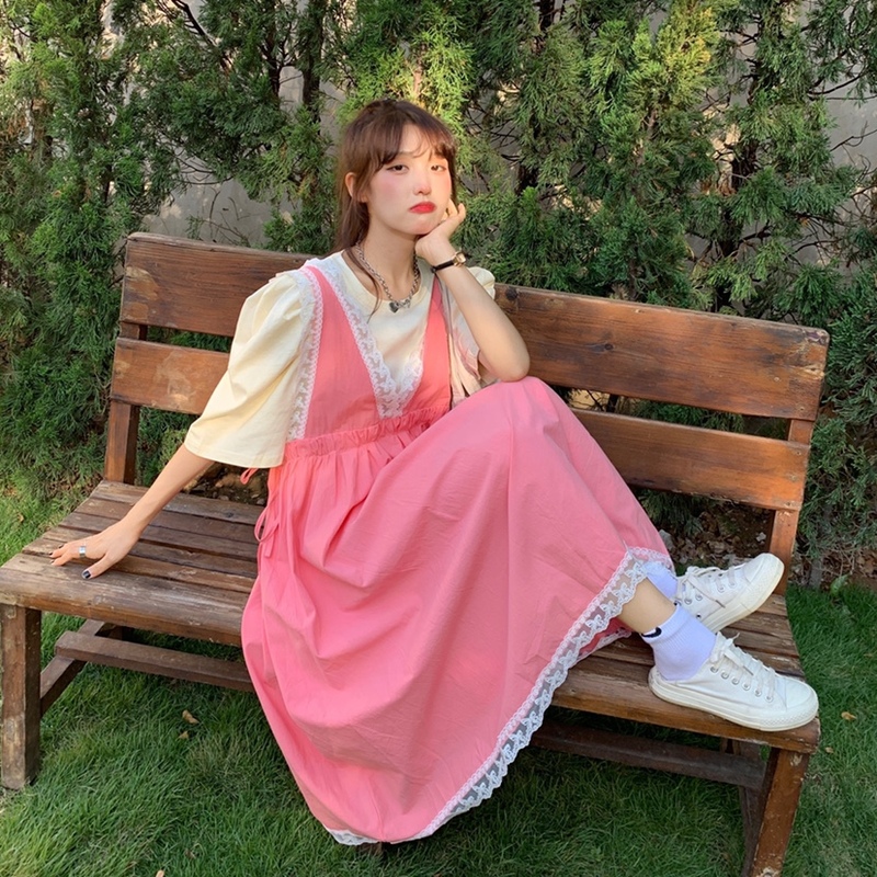 Real price bubble sleeve T-shirt + front and back V-neck heavy industry Lace Waist doll dress