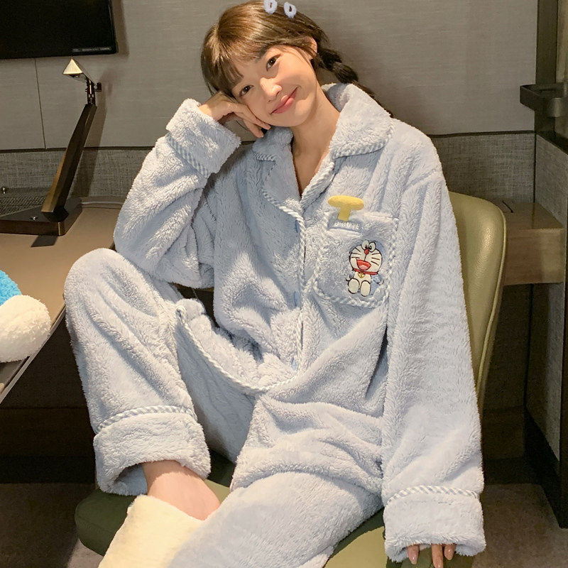 秋冬季加厚珊瑚绒女开衫睡衣套装