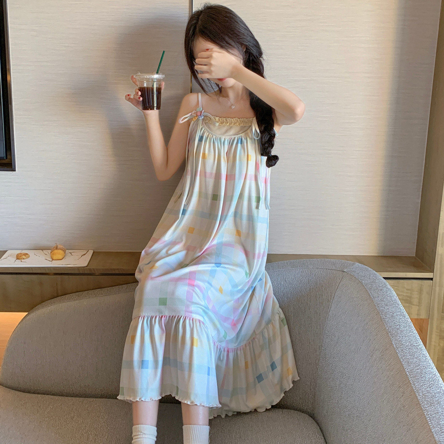 夏季韩版格子吊带胸垫睡裙女冰丝