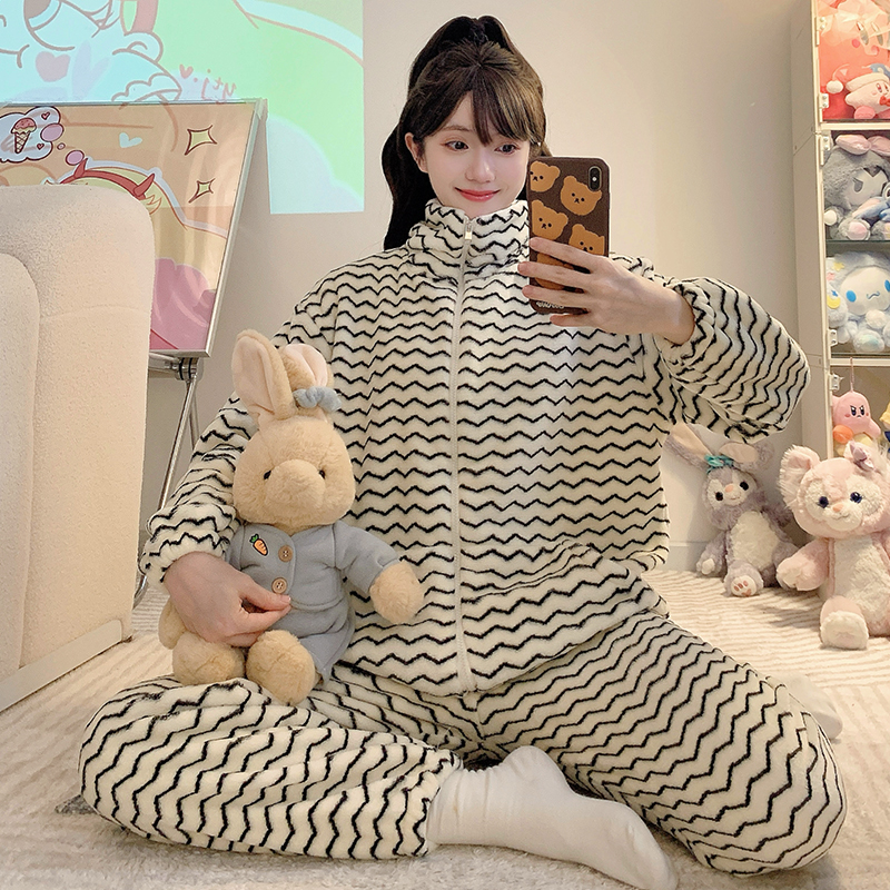 超大码法兰绒睡衣女士冬季长袖