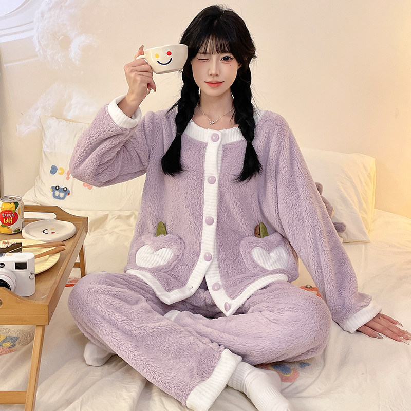 珊瑚绒睡衣女秋冬季长袖韩版可爱