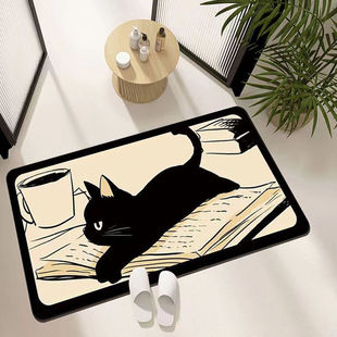 卡通小黑猫浴室吸水地垫卫生间防滑进门垫家用入户硅藻泥速干脚垫