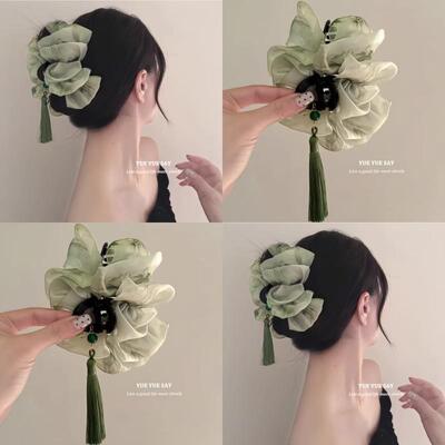 只此青绿~复古流苏云朵网纱抓夹新中式气质时尚鲨鱼夹发卡盘发器