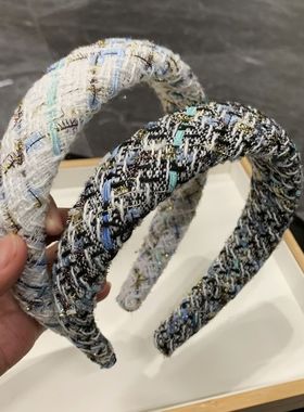 香风Retro绿色粗花呢头箍宽边亮丝海绵发箍灰蓝色发卡