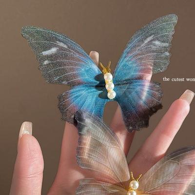 会动的蝴蝶发夹超仙电子蓝色薄纱贝珠鸭嘴夹装饰海边配饰夹子头饰