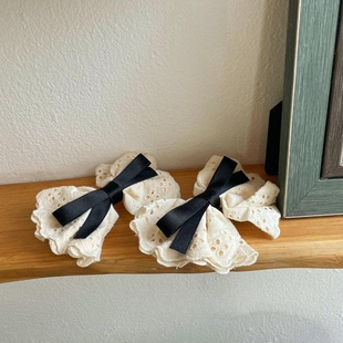 森系田园风复古棉麻镂空蕾丝花边蝴蝶结发夹大号后脑勺弹簧夹发饰