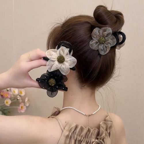 波点网纱水钻花朵太阳花抓夹(8厘米)马尾丸子头抓夹气质百搭发饰