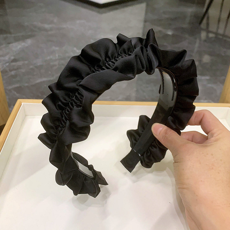 黑色宽边带齿发箍韩国感发饰缎面法式褶皱头箍洗脸高颅顶发窟批发