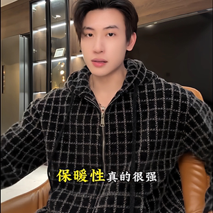 SDSA男士秋冬新款痞帅男装极简风撞色格子拉链开衫抽绳连帽卫衣潮