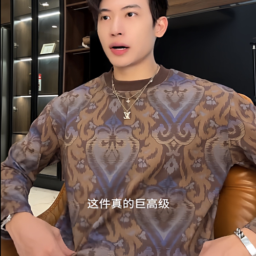 SDSA秋冬新款痞帅男装宽松抽象爱心圆领长袖T恤复古高街上衣T4820