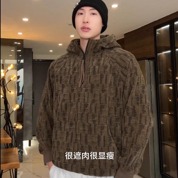 SDSA秋冬新款痞帅男装潮牌撞色编织印花半拉链立领连帽卫衣百搭