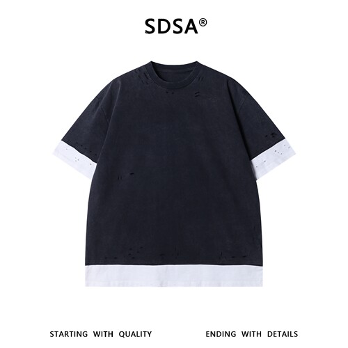 SDSA男装2026新款高贵轻奢高街拼接割破设计圆领短袖T恤百搭时尚